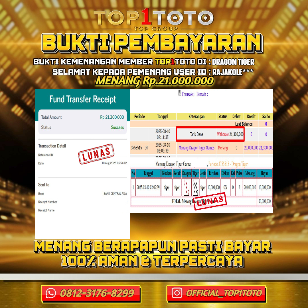 TOP1TOTO JACKPOT LIVE GAMES DRAGON TIGER Rp 21.000.000 - LUNAS USER ID : RAJAKOLE***