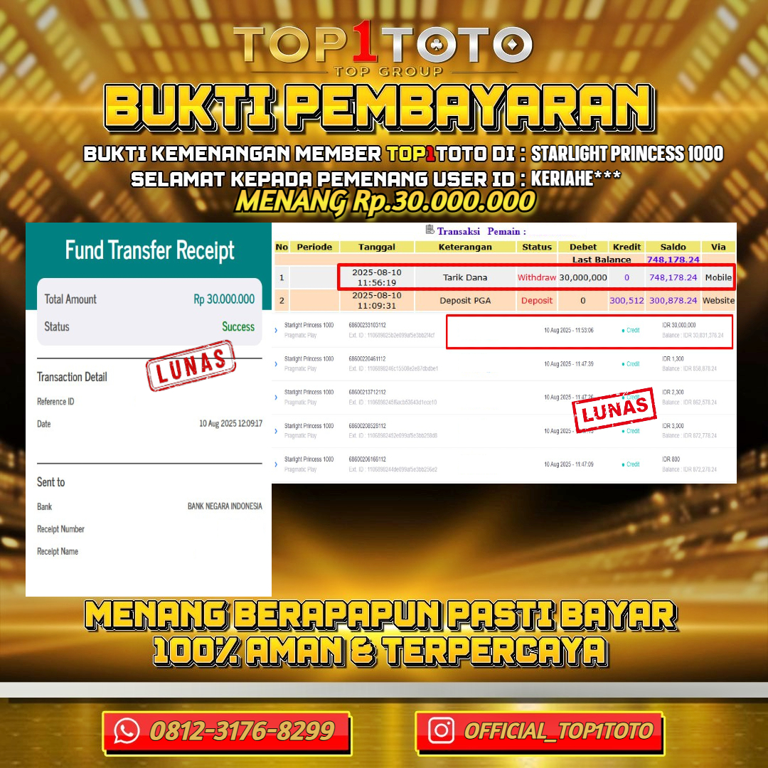 TOP1TOTO JACKPOT SLOT STARLIGHT PRINCESS 1000 Rp.30.000.000 - LUNAS USER ID : KERIAHE***
