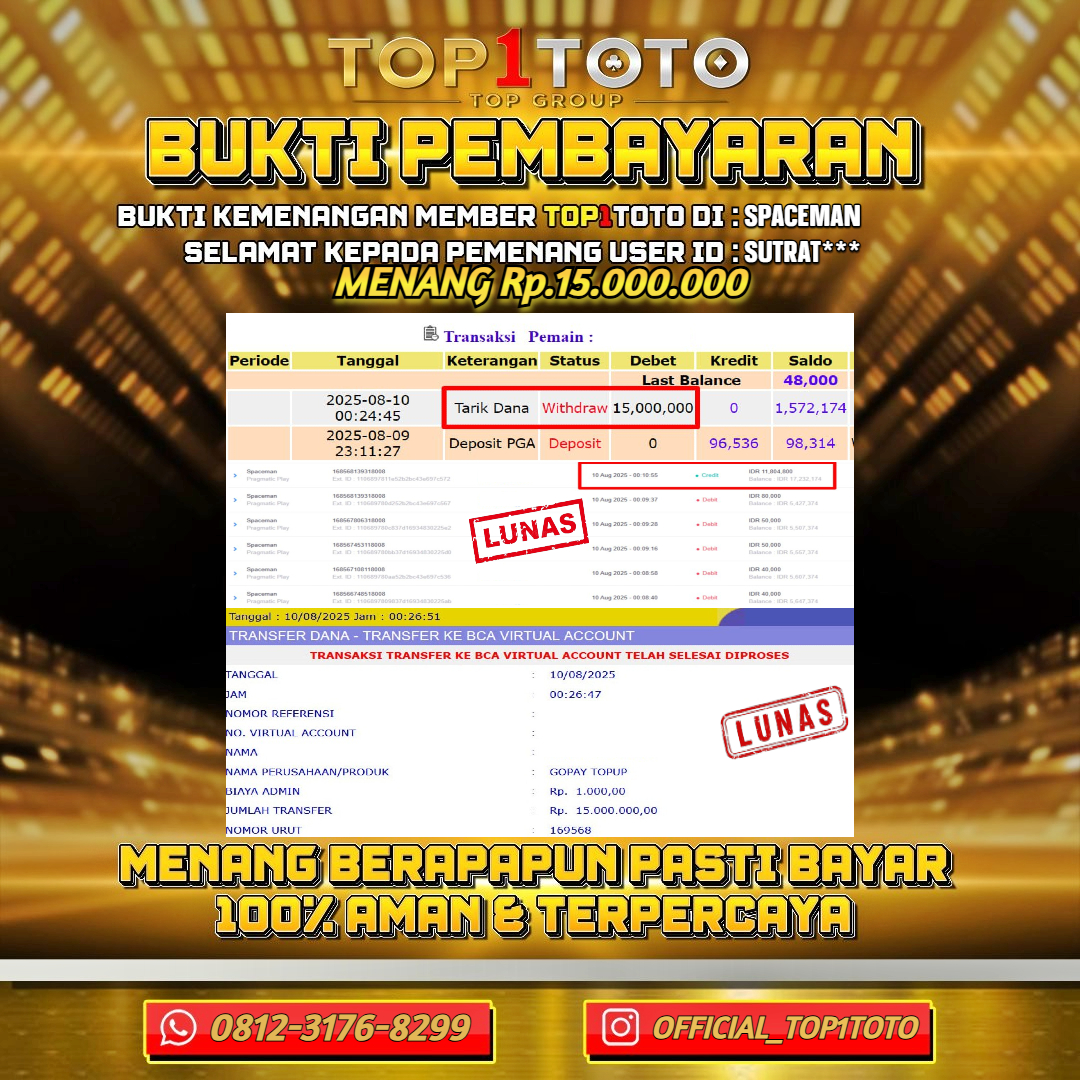 TOP1TOTO JACKPOT SLOT SPACEMAN Rp 15.000.000 - LUNAS USER ID : SUTRAT***