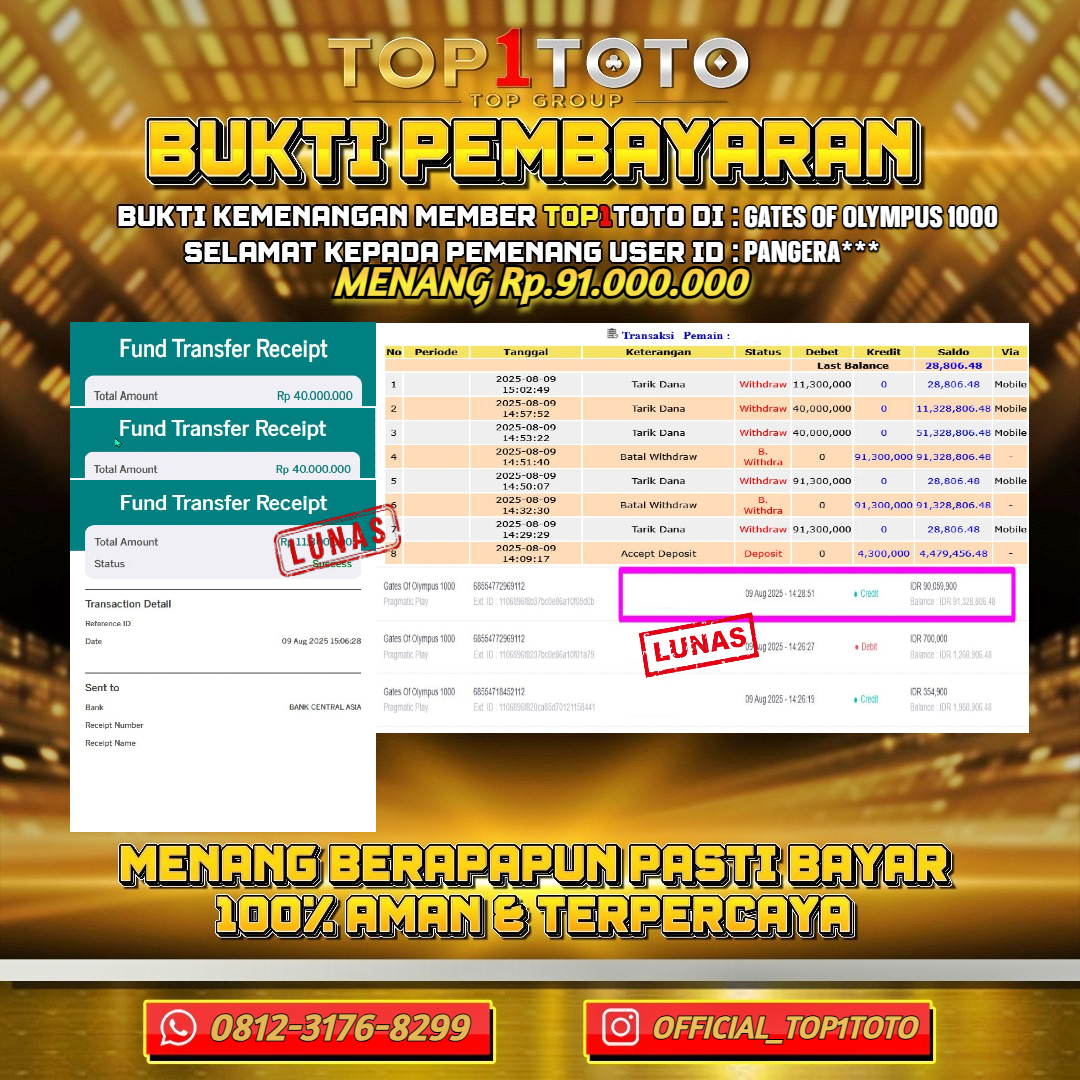 TOP1TOTO JACKPOT SLOT GATES OF OLYMPUS 1000 Rp.91.000.000 - LUNAS USER ID : PANGERA***