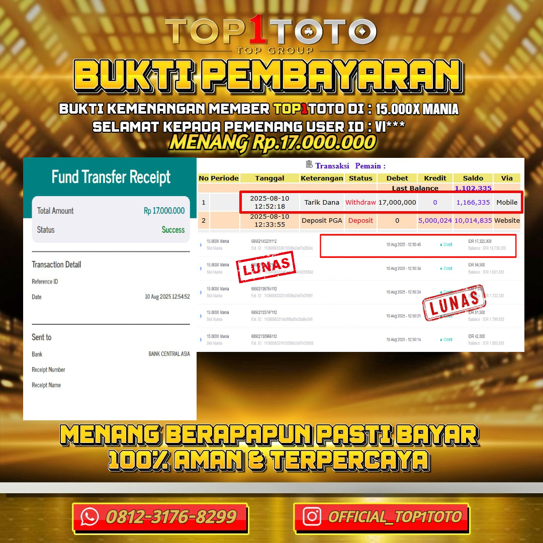 TOP1TOTO JACKPOT SLOT 15.000X MANIA Rp.17.000.000 - LUNAS USER ID:VI***