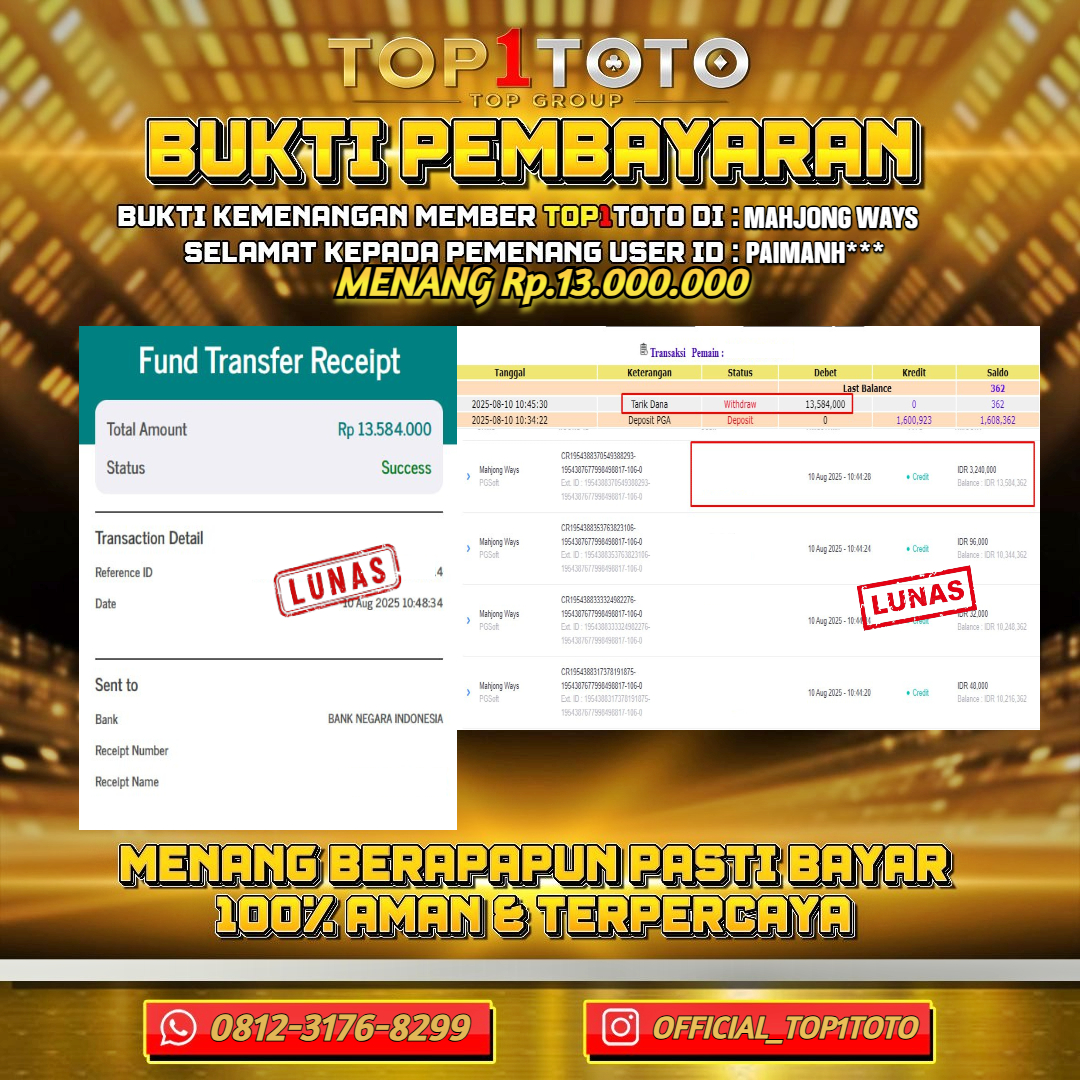 TOP1TOTO JACKPOT SLOT MAHJONG WAYS Rp.13.000.000 - LUNAS USER ID : PAIMANH***