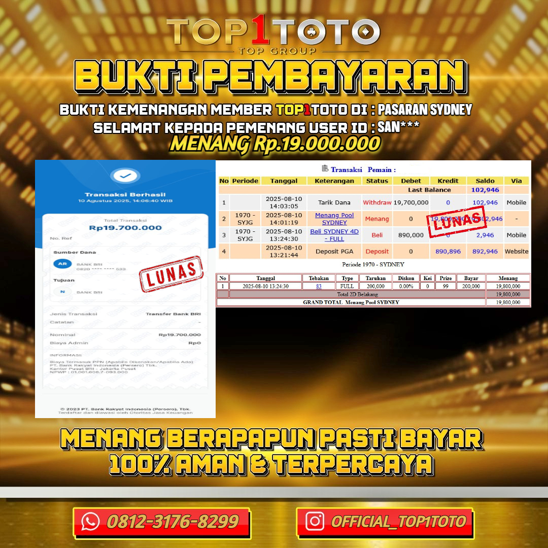 TOP1TOTO JACKPOT TOGEL PASARAN SYDNEY Rp.19.000.000 - LUNAS USER ID : SAN***