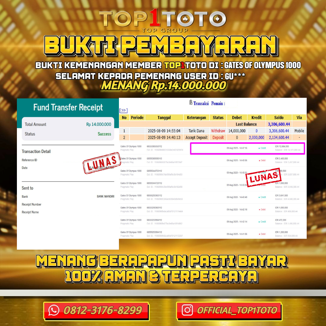TOP1TOTO JACKPOT SLOT GATES OF OLYMPUS 1000 Rp.14.000.000 - LUNAS USER ID : GU***